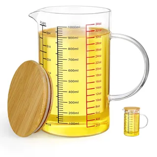 Votoko 1L Messbecher Glas,1000ml Glas Messbecher mit Griff und Skala, Hitzebeständig Borosilikatglas, Präzisions Meßbecher für Küche Labor, Ideal zum Backen, Kochen und Mischen