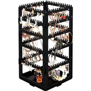 Kurtzy Faltbarer Acryl Schmuck Organizer - 5 Etagen & 4 Paneele für Ohrringe, Armbänder & Ketten Aufbewahrung - Für 220 Paar Ohrringe - Schmuckständer Schwarz 4-Seitiger Jewelry Organizer