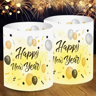 8 Windlicht Tischdeko Silvester, Happy New Year Deko Wunderkerzen Windlicht, Silvester Deko 2026, Schwarz Gold Tischdeko Geschenk, Neujahrs Silvesterdeko Party Zubehör, für Teelichter oder Kerzen