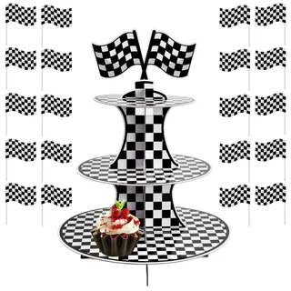 Rennsport Cupcake Stand 3 Etagere Cake Pop Ständer mit 5 Stück Karierten Rennen Flagge Rennauto Partyversorgungen Kuchenständer Cupcake Tower Stand für Geburtstag Party Kuchen Brötchen Torten Etagere