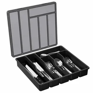 Bofanze Besteckkasten für Schubladen Schwarz,32*30cm,Schubladen Organizer Küche mit 6 Fächern Besteckkasten aus Kunststoff Besteckaufbewahrung mit Deckel für Gabeln, Löffel, Make-up-Pinsel und Schreib