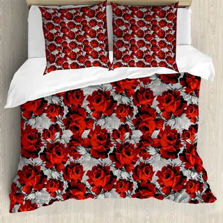 ABAKUHAUS Blumen Bettbezug, Rosen Vintage Valentines, Milbensicher Allergiker geeignet mit Kissenbezügen, 200 cm x 200 cm - 80 x 80 cm, Rot Grau Schwarz