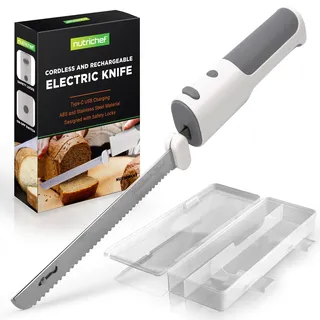 Nutrichef Elektrisches Küchenmesser – Akku-Messer mit Edelstahlklingen, USB-C, Weiß Für Truthahn, Fleisch, Brot & Käse | 11,42′′ Edelstahlklingen | Sicher und leicht