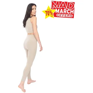 Lookus Maside Damen Geripptes Leggings & Top Set Freizeit Activewear Fitness Tan