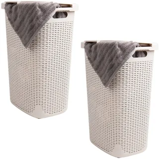 Mind Reader Schmaler Wäschekorb mit Deckel, 60L Wäschekörbe, Premium Weiden-Design, Kunststoff, 2er-Pack, Elfenbein