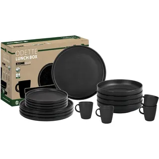 BRUNNER Melamin Geschirr-Set Camping 16-Teilig Lunch Box ODETTE Stapelbar | Antislip (Antirutsch), 2-4 Personen, wie Steingut (StoneTouch), Bruchfest, Teller & Kaffe-Becher, Wohnmobil Wohnwagen Boot