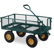 Relaxdays Handwagen, praktischer Bollerwagen für den Garten, mit Luftbereifung, klappbare Seitenteile, bis 250 kg, grün