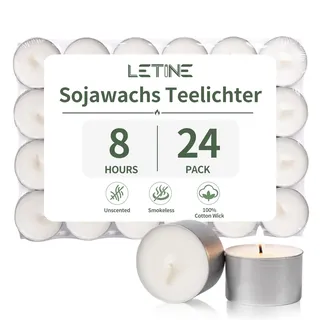LETINE 24 Stück 100% Sojawachs Teelichter, 8 Stunden, Weiß, Duftfrei | Soja Vegan Kerzen, Paraffinfrei, Aluhülle, Saubere Verbrennung Tealights für Hochzeit, Party Dekorationen