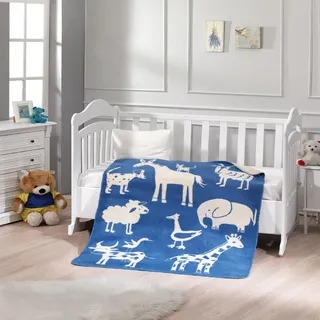 MaxxGoods Kinder Kuscheldecke 100x120cm - Weiche Kinderdecke mit Tiermotiven Blau - Warme Decke für Babys & Kleinkinder - Hautfreundlich & Pflegeleicht - Kinder Kuscheldecke Giraffe Elefant Schaf