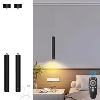 ACMHNC Akku Pendelleuchte, 2x LED Hängelampe mit Batterie 4500mAh, Dimmbare mit Fernbedienung, Timer 1/2/4/6H, 5W Pendelleuchte Schwarz für Schlafzimmer, Esstisch, Ø4x30cm