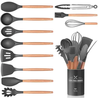 12 Stück Küchenhelfer Set, Silikon Küchenutensilien Set, Antihaft Hitzebeständiger Holzgriff Kochbesteck mit Utensilienhalter, Silikonspatel Kochgeschirr Set, Spülmaschinengeeignet (Grau)