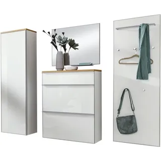 Garderobe , Weiß , Holz, Glas, Holzwerkstoff , 5-teilig , Balkeneiche , furniert , 240x195x31 cm , Goldenes M, Made in Germany, DGM-Klimapakt , Garderobe, Garderoben-Sets & Garderoben-Serien, Garderoben-Sets