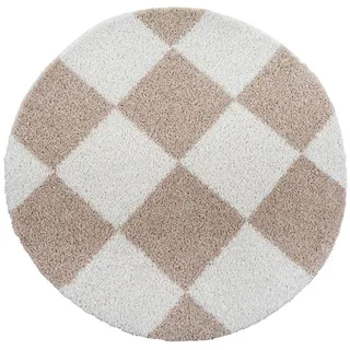 Hochflorteppich , Weiß, Beige , Textil , Karo , rund , für Fußbodenheizung geeignet, schmutzabweisend, für Hausstauballergiker geeignet, pflegeleicht , Teppiche und Böden, Teppiche, Runde Teppiche