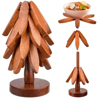 Untersetzer Baum, 4 Stück Untersetzer Holz mit Ständer, Wooden Tree Coaster Set, Faltbare Topfuntersetzer Holz Holzuntersetzer für Heiße Gerichte, Küche Geschenk Home Ornamente