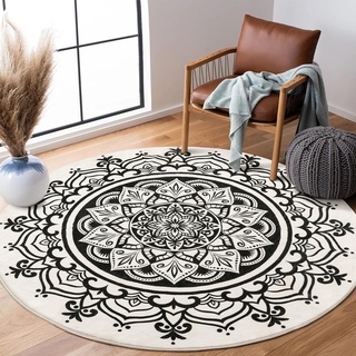 Carvapet Teppich Rund 120cm Weich und Flauschig Teppich Gegend Kreis rutschfest Waschbar Böhmisches Mandala Bodenteppich Wohnzimmer Schlafzimmer(Schwarz Mandala)