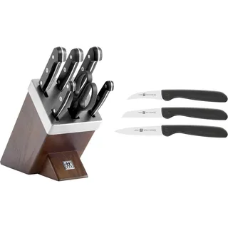 ZWILLING Selbstschärfender Messerblock, 7-tlg, Holzblock, Messer und Schere aus rostfreiem Spezialstahl/Kunststoff-Griff, Gourmet & 38115001 Gemüsemesser-Set, 3 tlg, Kunststoff, schwarz