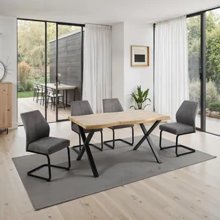 Hela Essgruppe "ILLER Tisch 140x90 cm", Set, 5 tlg. 5tlg., Baumkante 46mm, X-Gestell, Schwingstuhl, Federkorb,