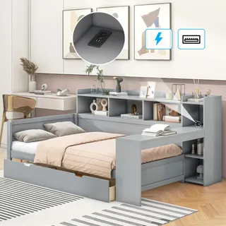 okwish Schlafsofa Daybett 90x200cm mit Lattenrost, Tagesbett Kinderbett mit Nachttischablage und Untertischablage, Bett mit Steckdose und USB-Anschluss, 2 Schubladen, Schreibtisch, ohne Matratze, Spanplatte, Grau - Grau