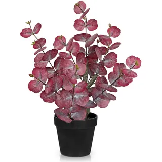 Arborus Kunstpflanze Eukalyptus Rot 46 cm Pflanze Künstlich wie Echt im Schwarzen Topf Eukalyptus Deko Fake Pflanze für Tisch Regal Fensterbank Deko Frühling Sommer Herbst Winter Hochzeit Deko