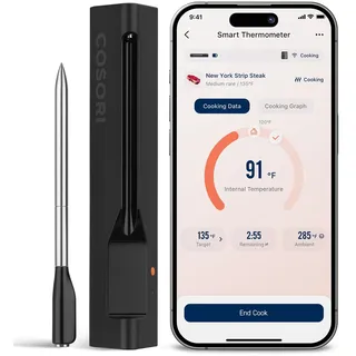 COSORI Smart Wireless Fleischthermometer, 72 Stunden Akkulaufzeit und 96 Kochanleitungen, Bluetooth Fleischthermometer digital für Grill