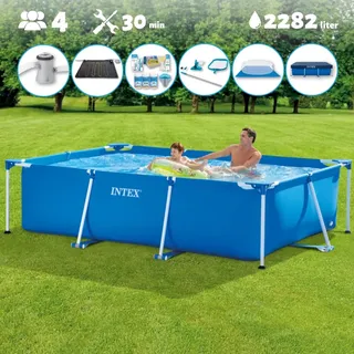 Intex-Schwimmbecken mit rechteckigem Rahmen – 260 x 160 x 65 cm – Blau – im Lieferumfang enthalten Abdeckung - Bodenplane - Filterpumpe für Schwimmbad - Solarmatte - Wartungspaket - Reinigungskit