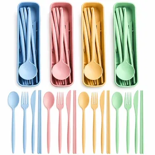4er Set Reisebesteck mit Etui, Campingbesteck für Unterwegs | 4 farbige wiederverwendbare Kunststoff Bestecksets mit Box, Löffel, Gabel, Messer, Stäbchen für Lunchbox, Camping, Reisen
