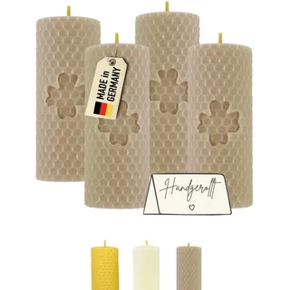 Wachsmann Adventskerzen 4er-Set, 100% Bienenwachs, handgerollt, Made in Germany, beige mit Kleeblatt, Bienenwachskerzen mit je 6 Stunden Brenndauer, Stumpenkerze für Weihnachten (4 x 10 cm)