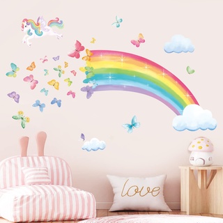 decalmile Wandtattoo Regenbogen Einhorn Wandaufkleber Schmetterlinge Mädchen Wandsticker Schlafzimmer Babyzimmer Kinderzimmer Wanddeko