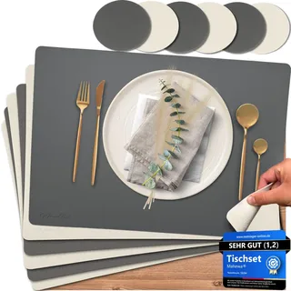 Mahewa® 6er Set Premium Tischset aus Kunstleder - Platzset abwaschbar und wasserdicht - Platzdeckchen Telleruntersetzer in Lederoptik (Dunkelgrau/Creme, Eckig)
