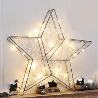 Metall Weihnachtsstern in silber mit Timer - 40 LED / 30 cm - LED Tischdeko Fensterdeko Weihnachten Advent Winter Batterie betrieben - Silber