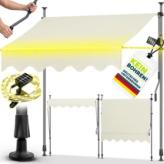 tillvex Klemmmarkise 400 cm Sand mit Solar LED mit Handkurbel Balkon | Balkonmarkise ohne Bohren | Markise UV-beständig & höhenverstellbar | Sonnenschutz wasserdicht - Creme