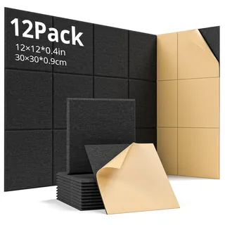Woovio Akustikpaneele Selbstklebend 12 Stück Schallabsorberplatten, 30x30x0.9cm Schalldämmung Hohe Dichte Akustikplatten, Polyester Schallabsorber Schallschutz fur Studio, Büro und Tonstudio, Schwarz
