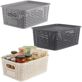 3 Stück Kunststoff-Aufbewahrungsboxen mit Deckel, Aufbewahrungskiste Rattan | 26.1 x 18.4 x 10.4 cm stapelbare Organizer-Körbe für Waschküche, Schlafzimmer Küche und Vorratsschrank