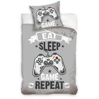 termana Gaming Bettwäsche-Set Kinderbettwäsche Teenagerbettwäsche Jungen in grau, Kissenbezug 80x80 + Bettbezug 135x200, Gamer-Bettwäsche Eat Game Sleep Repeat