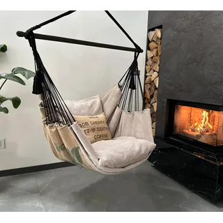 Izabell Hängesessel mit Großen Kissen – XXL Schaukelstuhl und Hängematte für Indoor & Outdoor – Coffee Swing aus Jutesäcken von Kaffeeröstereien (beige)