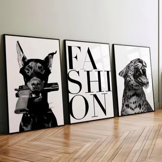 AQCQDQ 3er Poster Set, Schwarz-Weiß Fashion Wandkunst Set, Dobermann und Leopard Leinwanddrucke Tierposter für Zimmer, Wohnzimmer, Schlafzimmer, Badezimmer, Ohne Rahmen (50 x 70 cm)