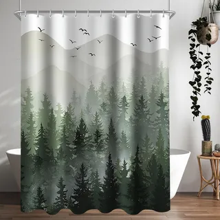 Lerores Duschvorhang 200x160cm, Wald Antischimmel Textil, Beschwerter Saum Wasserabweisend, Waschbar Polyester Stoff Badevorhänge mit 12 Ösen und Duschvorhangringe für Badezimmer, Badewanne