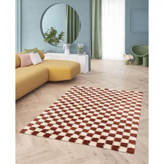 Shaggy Schachbrettmuster Teppich, Rechteckiger Teppich für das Wohnzimmer - Schlafzimmer, Weich und Bequem, Pflegeleicht, Florhöhe 30 mm, Polypropylen, 160x230, Terracotta