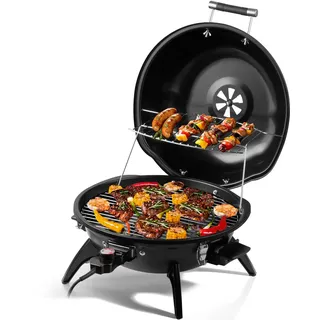 CUSIMAX Elektrogrill Tischgrill, für Innen- & Außennutzung, Balkon, Garten & Küche, 1600W Tragbarer Elektro-Tischgrill mit Deckel und Regulierbare Temperatur, Antihaftbeschichtung