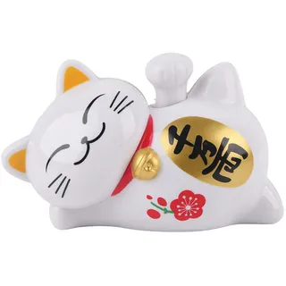Solar Winkekatze Maneki Neko, Liegend, Weiß, ABS Material, 10.5 x 6 x 7 cm, Glücksbringer für Zuhause und Auto, Feng Shui Dekoration