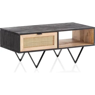 WOHNLING Couchtisch Sofatisch Massivholz Rattan 90x45x37cm Wohnzimmertisch Tisch - Schwarz