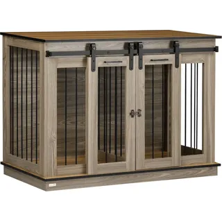 PawHut Hundekäfig, Hundehütte mit Zweiraum-Option, Haustierkäfig mit Doppeltüren, Hundebox, Hundehaus für Mittelegroße Hunde, 120 x 60 x 88,5 cm, Eiche - Braun