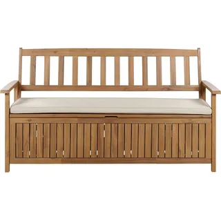 BELIANI 3-Sitzer Gartenbank Hellbrun Akazienholz 160 cm mit Stauraum Auflage Taupe Armlehnen Rückenlehne Latten-Optik Garten Terrasse Wintergarten - Braun, Beige, Grau