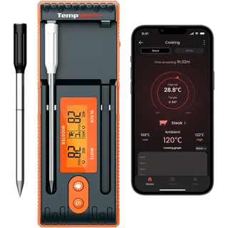 ThermoPro Twin TempPro Fleischthermometer kabellos 150m Bluetooth Grillthermometer Backofenthermometer Ladeschale mit Display für Ofen, Grill, Rotisserie, sicher im Geschirrspüler