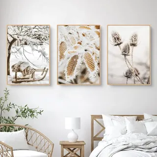 TROYSINC 3er Premium Poster Set, Winter Bilder, Elch, Holzhaus, Wald Wandkunst Wandbilder, Leinwand Drucke Wohnzimmer Bilder Modern Wanddeko Bilder, Kein Rahmen (C,50x70cm)