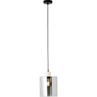 Lightbox höhenvertsellbare Hängelampe - elgante Rauchglas Pendelleuchte - E27 Fassung max. 40 W - 120 cm Höhe & 20 cm Durchmesser - aus Metall/Glas/Holz aus Kautschukbaum - in Schwarz/Rauchfarben/Holz