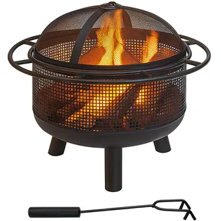 Relaxdays Feuerschale mit Funkenschutz, HD: 52x60 cm, Schürhaken, Garten & Terrasse, Outdoor Feuerstelle, Eisen, schwarz