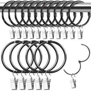 Hengxinchen 15 Stück Gardinenringe Gardinen Klammern Set 50 mm Vorhangringe Metall Duschvorhangringe Edelstahl Gardinenringe mit Vorhang Clips für Vorhänge und Gardinenstangen (schwarz)