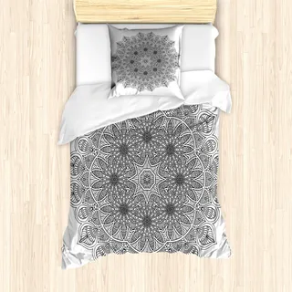 ABAKUHAUS Mandala Mantele, Mandala Blumen, Milbensicher Allergiker geeignet mit Kissenbezügen, 135 cm x 200 cm - 80 x 80 cm, Schwarz - Schwarz