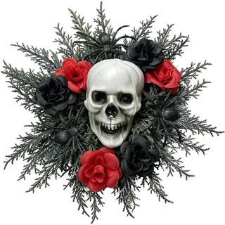 Halloween Türkranz Totenkopf, Halloween Deko Tür Gothic mit Schwarzen Rosen | Herbstgirlande als Dekoartikel für Halloween-Party Indoor Outdoor Hängendes Ornament (26 cm)